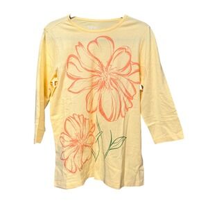 Signals Womens Yellow Floral Graphic 3/4 Sleeve Cotton Knit Top Size S